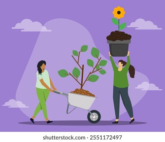 Peoples is planting a tree sapling. A woman seedling tree on wheelbarrow and other woman lifting the pot containing sunflower. Caring for nature and ecology. Environment, save earth, save forest. 