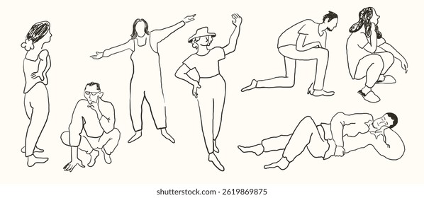 pose de la gente en estilo de dibujo dibujado a mano en Vector. Elemento para la tarjeta postal de las impresiones de la decoración del logotipo del diseño de la etiqueta engomada