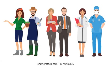 people's profession, vector flat illustrations of gardeners, business people and doctors, professionals in their field