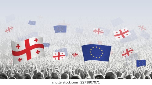 Peoples protest or cheering with flag of Georgia and European Union. Vector illustration.