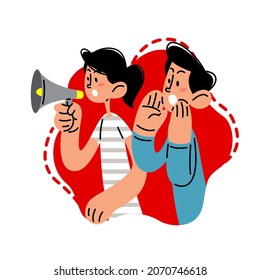 Peoples protesting using megaphone. Demonstration flat vector illustration