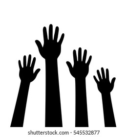 People's raised hands, isolated on white background. Vector illustration.