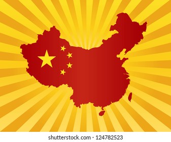 Peoples Republic of China Flag in Country Map Silhouette on Sun Rays Background Illustration Vector