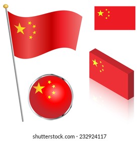 People's Republic Of China Flag On A Pole, Badge And Isometric Designs Vector Illustration. 