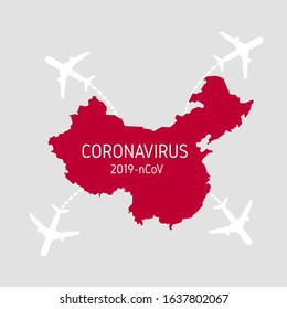 People's Republic of China map country silhouette with a stamp: Coronavirus on it. 2019 Novel Coronavirus (2019-nCoV, COVID-19) concept, for an outbreak occurs in Wuhan, China. Coronavirus in China. 