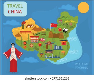 People's Republic of China. Map of China. Traditional Chinese characters and Chinese architecture.