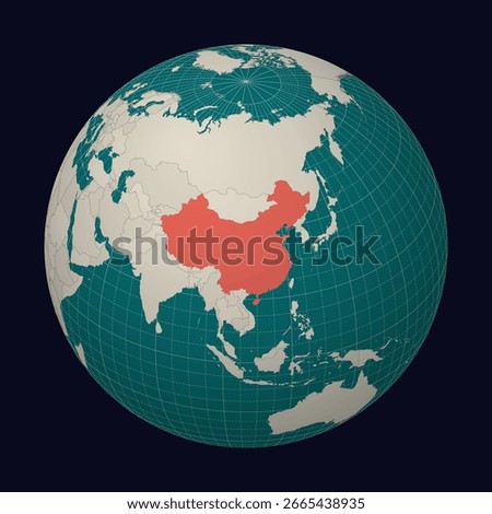 People's Republic of China on the map. Globe centered to China. Country location on the world map. Teal Pale Mint color palette. Globe with countries, meridians and parallels.