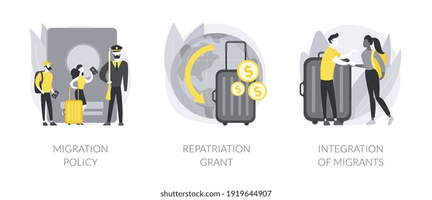 Peoples resettling abstract concept vector illustration set. Migration policy, repatriation grant, integration of migrants, visa application form, border patrols control, job offer abstract metaphor.