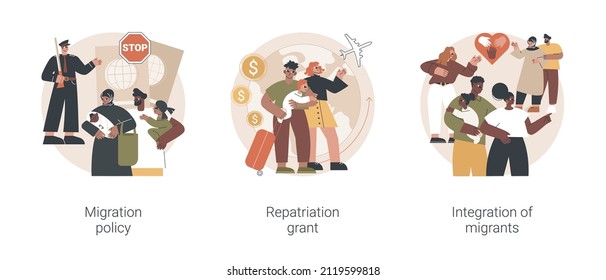 Peoples resettling abstract concept vector illustration set. Migration policy, repatriation grant, integration of migrants, visa application form, border patrols control, job offer abstract metaphor.