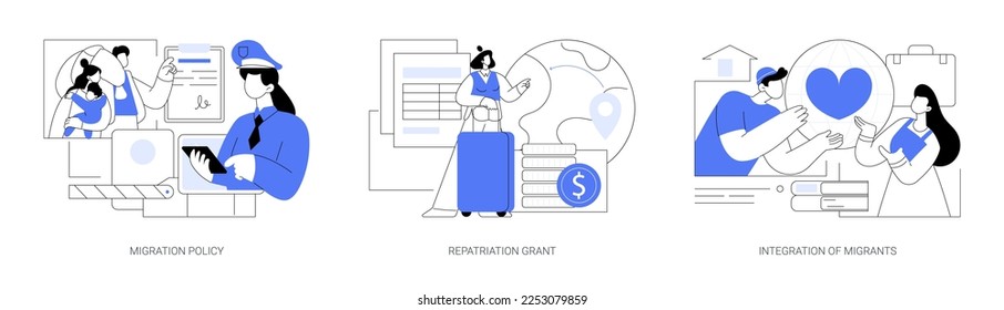 Peoples resettling abstract concept vector illustration set. Migration policy, repatriation grant, integration of migrants, visa application form, border patrols control, job offer abstract metaphor.