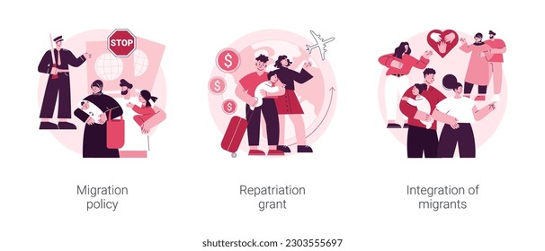 Peoples resettling abstract concept vector illustration set. Migration policy, repatriation grant, integration of migrants, visa application form, border patrols control, job offer abstract metaphor.