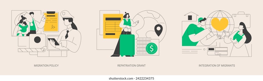 Peoples resettling abstract concept vector illustration set. Migration policy, repatriation grant, integration of migrants, visa application form, border patrols control, job offer abstract metaphor.
