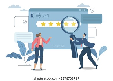 People's reviews and feedback ideas, Evaluating in the best credit ratings and customer satisfaction, Team of business people analyzes the reviews or feedback on the organization's products.