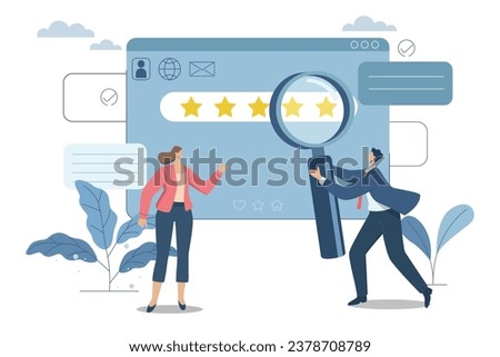 People's reviews and feedback ideas, Evaluating in the best credit ratings and customer satisfaction, Team of business people analyzes the reviews or feedback on the organization's products.