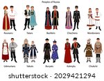 Peoples of Russia. Woman and man in folk national costumes. Vector illustration