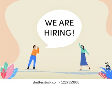 Peoples say we are hiring word with big speech bubble. People vector illustration. Flat cartoon character graphic design. Landing page template,banner,flyer,poster,web page