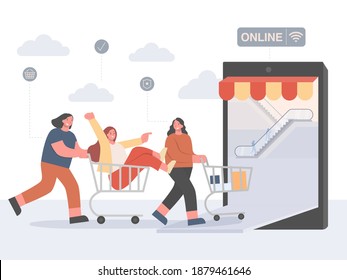 Peoples with shopping carts walk into the big smartphone that inside was the department store. Concepts Illustration about Online shopping and e-commerce.