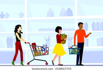 Peoples shopping in supermarket concept. Male buy tie, hat and gloves. Young girl buy vegetables. Then woman buy women's clothing, high heels, purses, necklaces and earrings placed in shopping cart.