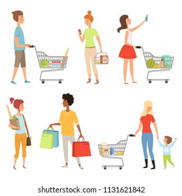 Peoples shopping. Vector illustrations of various characters which make purchases. People character with purchase food