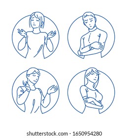 peoples showing different gestures character. Vector set of stylized people figures,  man and women people characters in different poses