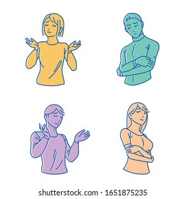 peoples showing different gestures character. Vector set of stylized people figures,  man and women people characters in different poses