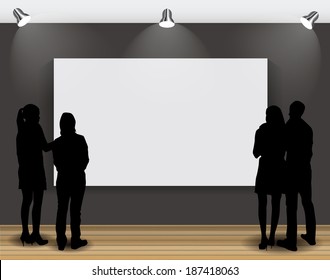 Peoples Silhouettes Looking on the Empty Frame in Art Gallery for Images and Advertisement. Vector Illustration 