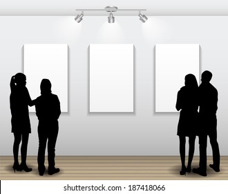 Peoples Silhouettes Looking on the Empty Frame in Art Gallery for Images and Advertisement. Vector Illustration