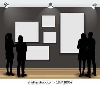Peoples Silhouettes Looking on the Empty Frame in Art Gallery for Images and Advertisement. Vector Illustration 