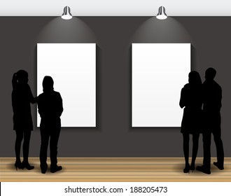 Peoples Silhouettes Looking on the Empty Frame in Art Gallery for Images and Advertisement. Vector Illustration 