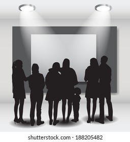 Peoples Silhouettes Looking on the Empty Frame in Art Gallery for Images and Advertisement. Vector Illustration