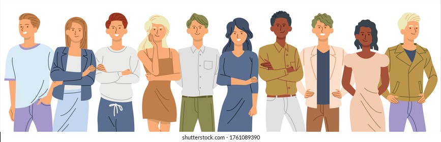 Peoples Smiling. Group portrait of funny smiling people in different poses standing together. Colorful flat style vector illustration.