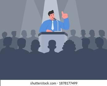 Peoples stand with podium and speech on stage to speaking about thinking and mindset and Attitude in public places. Illustration about business experts and life coach.