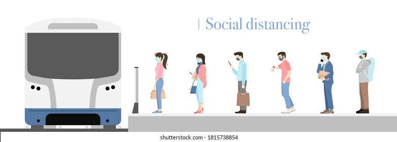 Peoples standing in line social distancing for waiting the train at subway and skytrain station. Vector illustration