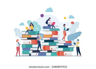 Peoples standing on a lot of books. Knowledge or Education concept vector illustration