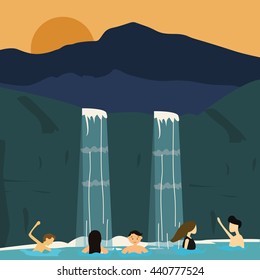 peoples swim in waterfall boys and girls illustration vector