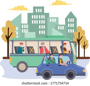 Peoples are traveling using car and bus illustrration