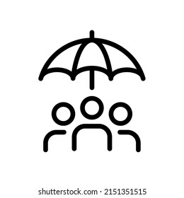 Peoples under umbrella. Protection, safety, insurance symbol. Icon vector illustration in outline style