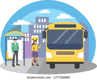 Peoples are using medical mask and keep their distance at bus stop