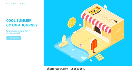 People's Vector isometric illustration material lying in the sun beside the swimming pool in summer