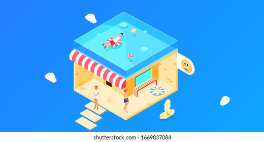 People's Vector isometric illustration materials for vacationing in pool villa in hot summer