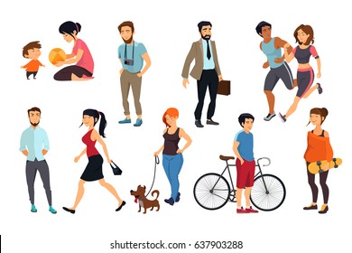 Peoples walking on street. Vector illustrations set