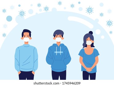 Peoples wear mask. Boys and girl using medical face mask to avoid virus, pollution, dirty air and coronavirus or covid-19, flat style illustration vector