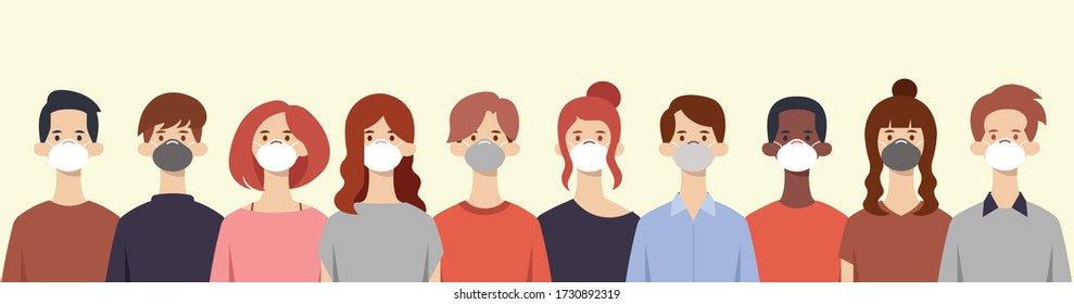 Peoples wear mask. Boys and girls wearing medical masks to prevent disease, flu, air pollution, coronavirus or covid19. Vector illustration in a flat style.