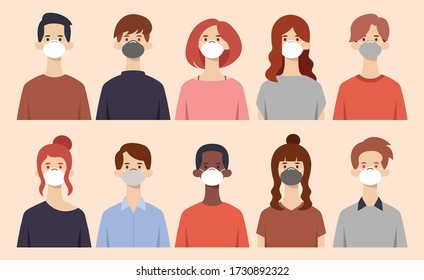 Peoples wear mask. Boys and girls wearing medical masks to prevent disease, flu, air pollution, coronavirus or covid19. Vector illustration in a flat style.