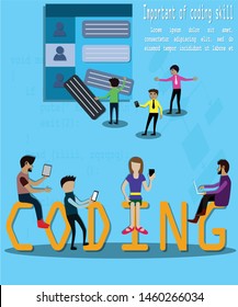 Peoples were sitting on the coding's word and standing front of mobile application - Vector Illustration