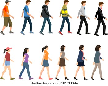 Peoples Young Man And Woman, Walk Side View - Vector Illustration