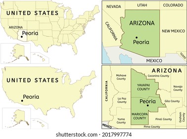 Peoria city location on USA, Arizona state, Maricopa county and Yavapai county map