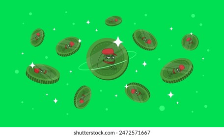 PEPE coins falling from the sky. PEPE cryptocurrency concept banner background.