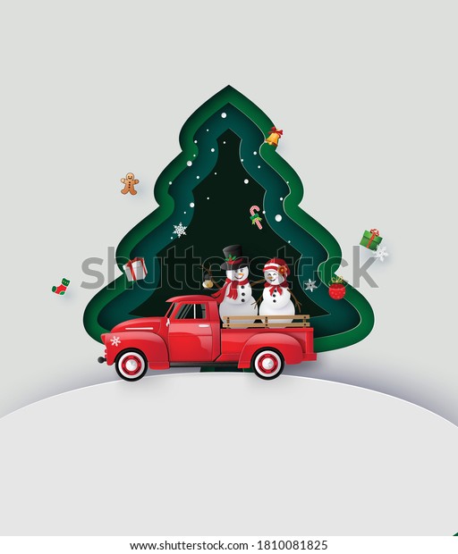 Peper art of Merry Christmas and winter season with red\
truck .