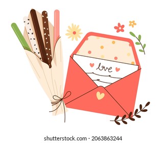 Pepero bouquet and cute envelopes. Korean event Pepero Day celebration concept vector illustration.